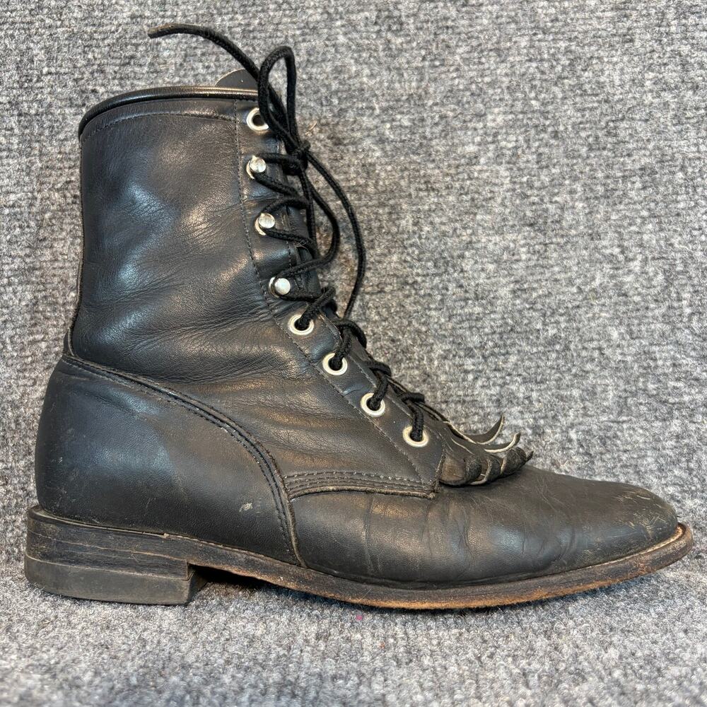 Vintage Justin Black Leather Lace Up Roper Boots Kiltie Fringe Womens 6.5 USA